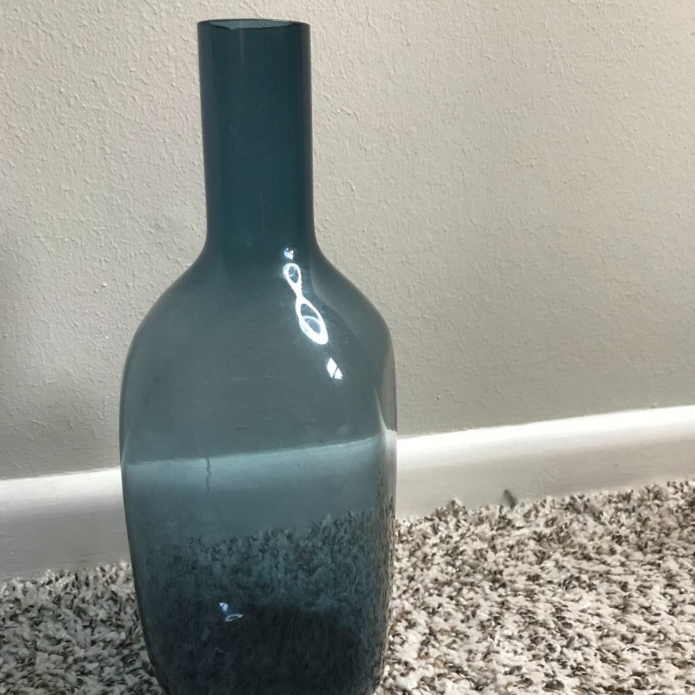 Decorative Handblown Blue Clear Glass Bottle Vase 12 in.